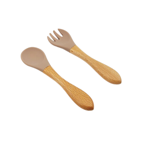 Warm Taupe Silicone/Wood Baby Spoon and Fork Set